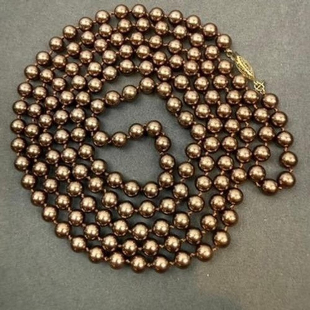 RMN Chocolate Brown Faux Pearl Necklace Glass Bead Knotted Filigree Clasp Vtg